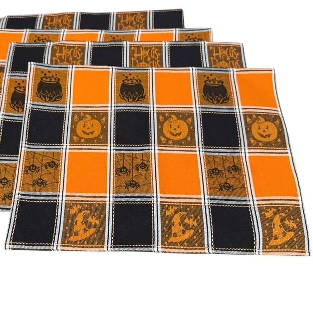 Halloween Placemats Set of Four Pumpkin Orange Black Check Cotton Tapestry